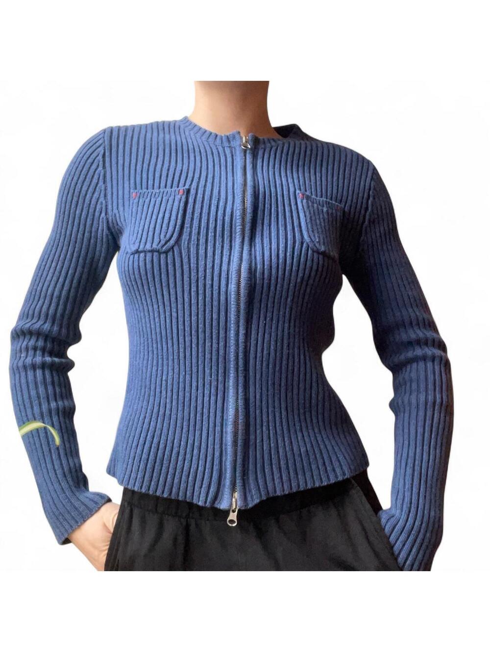 Ralph Lauren cotton blue ribbed double-zip sweater with mini pockets